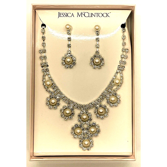 Necklace & Earrings Set Faux Pearl & Rhinestone Jessica McClintock Jewelry - Picture 1 of 3
